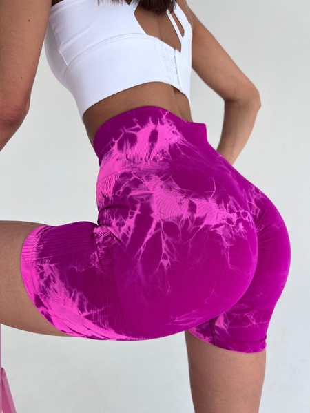 Шорти спортивні безшовні з ефектом push up та принтом тай-дай рожеві S Tie-Dye 4915 фото
