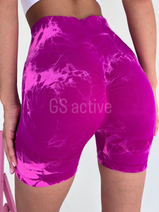 Шорти спортивні безшовні з ефектом push up та принтом тай-дай рожеві S Tie-Dye 4915 фото